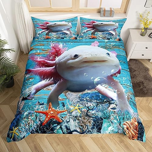 Homewish Süße Cartoon Axolotl Bettwäsche 135x200cm für Jungen Mädchen Kinder Ozean Thema Bettbezug Bettwäsche Seetier Axolotl Bettwäsche 2-teilige weiche Mikrofaser
