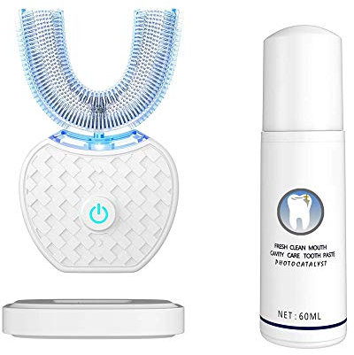 Cepillo de dientes ultrasónico de actualización, cepillo de dientes eléctrico ultrasónico automático de 360 °, instrumento de blanqueamiento de dientes frío cepillo de dientes automático (White)