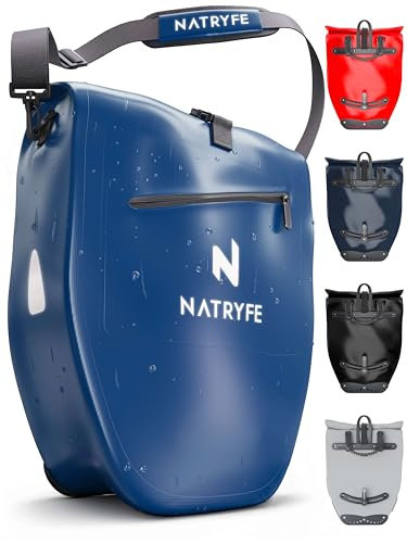 NATRYFE Sacoche de vélo pour porte-bagages, volume 28 l, 100 % étanche et robuste, avec réflecteurs et bandoulière, maintien résistant aux bombes sur n'importe quel porte-bagages, sacoche idéale pour