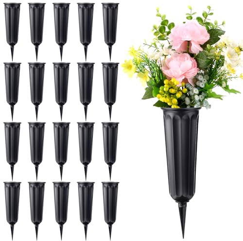 Confezione da 20 vasi per cimitero con punte, vasi in plastica per fiori, decorazioni per cimitero, porta fiori commemorativi (nero)