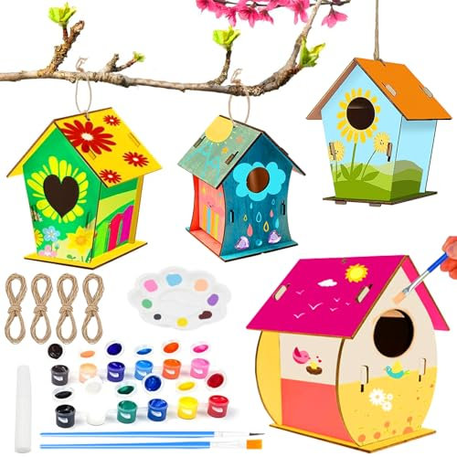 4 Pezzi Kit Casetta Uccelli in Legno, Fai Da Te per Bambini, Kit di Casette per Uccelli in Legno, Regali per Bambini e Bambine, Set per la Creazione di Puzzle di Casette per Uccelli in Legno