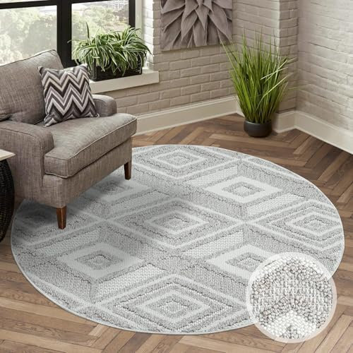 Teppich Kurzflor Wohnzimmer - Grau, Beige - 160x160 cm Rund - Teppiche Boho-Style - Rauten-Muster - Schlafzimmer, Esszimmer