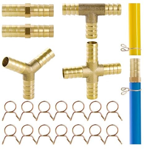 YIXISI 5 Piezas 10mm Conector de Púas de la Manguera de Combustible, Conector Manguera de 2/3/4 Vias Laton, Conector de Púas, con 14 Piezas Abrazadera, para Gasóleo, Aire, Agua y Combustible
