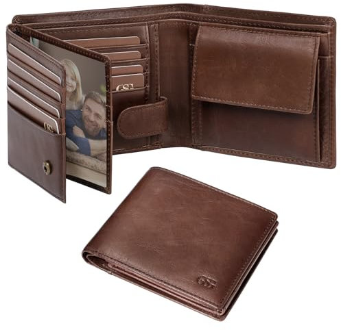 GSG SINCE 1998 Mens Cowhide Leather Wallets with Coin Pocket,17 Credit Card Slots, 2 Banknote Compartments Genuine Leather RFID Wallet Brown