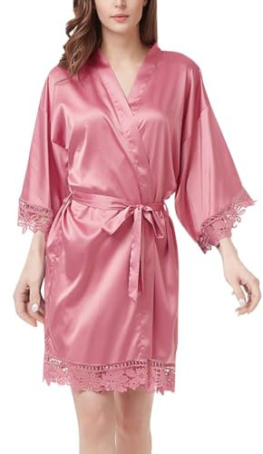 Minetom Kimono Robe de Nuit Femme Robe de Chambre Satin Peignoir de Bain Col en V Couleur Unie Dentelle Chemise de Nuit Courte avec Ceinture A Rose Vif Taille unique