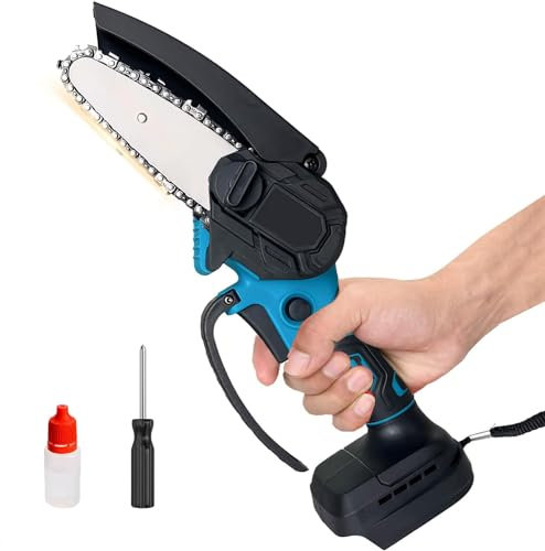 Mini Chainsaw Cordless 4 Inch, Powerful Electric Battery Life of 80-100 Minutes Chainsaw with 1 x Oil Bottle, 1 Chain and Guide Bar, Security Lock, Wood/Tree Saw for Garden Tree