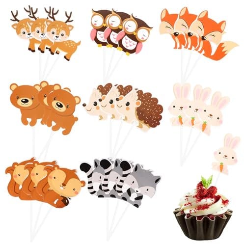 Wald Tier Party Kuchendeckel Woodland Cupcake Topper Dessert Picks für Babyparty Kindergeburtstag - 24 Stücke, Umweltfreundliche Tortenaufsätze, Ideal zur Dekoration von Kuchen und Cupcakes