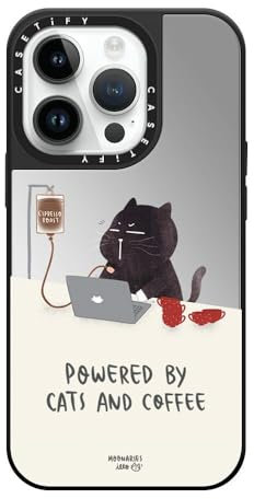 CASETiFY Mirror iPhone 14 Pro Case [Reflective / 4.9ft Drop Protection/Compatible with Magsafe] - Powered by cats and coffee - Silver On Black
