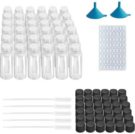 WYTNB 36 Leak proof Glass Bottles 5ml, Clear Glass Vials with Sticker, Refillable Empty Essential Oil Bottle, Sample Bottles with Mini Funnels and Droppers, Cosmetic Container for Perfumed Skin Care