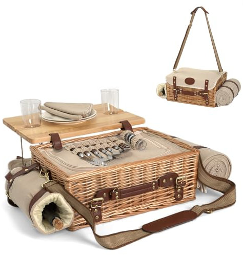 Multifunctional Wicker Picnic Basket Set for 2 with Blanket and Picnic Table, Insulated Picnic Set with Full Tablewares for Camping Outdoor Couples,Natural