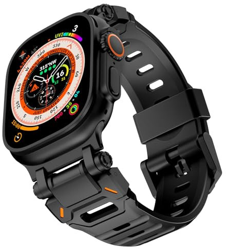 Shesyuki Watch Band Compatible for Apple Watch Ultra 2 Band 49mm 45mm 44mm 42mm, Men Luxury Fluororubber Rugged Silicone Strap with Metal Connector for iWatch Ultra Series 9 8 7 6 5 4 3 2 1 SE
