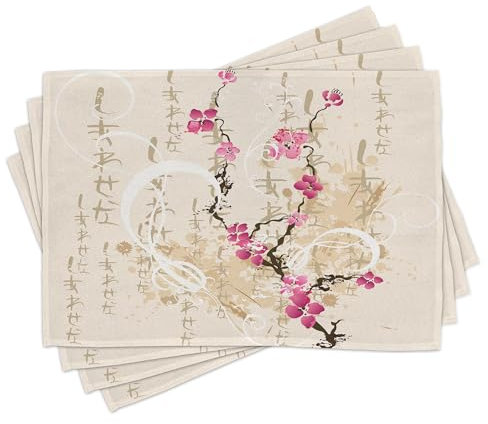 ABAKUHAUS Kirschblüte Platzmatten 8 Stück, Malerei-Art-Japaner-Kirschblüte-Baum auf Grungy Hintergrund mit Aufschrift, Waschbare Stoff Esszimmer Küche Tischdekorations, Champagnerrosa