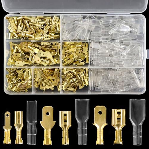 GOIYZTTR 450 Stück Kabelschuhe Set Gold Flachsteckhülsen mit Isolierhülse Sortiment Kit 2,8 mm 4,8 mm 6,3 mm Spade Kabelschuhe Für Elektrische Verbindungen