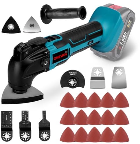 ONEVAN multiherramienta oscilante bateria, herramienta multifunción para Makita 18V con 22 accesorios, ángulo de oscilación de 4°, 6 velocidades a 20000 RPM, herramienta multifuncional (sin batería)