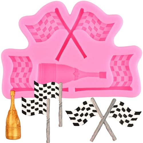 XMOLDNMS Racing Car Flag Silicone Mould Champagne Bottle Fondant Moulds for Cake Decorating Cupcake Topper Chocolate Gum Paste Candy Polymer Clay
