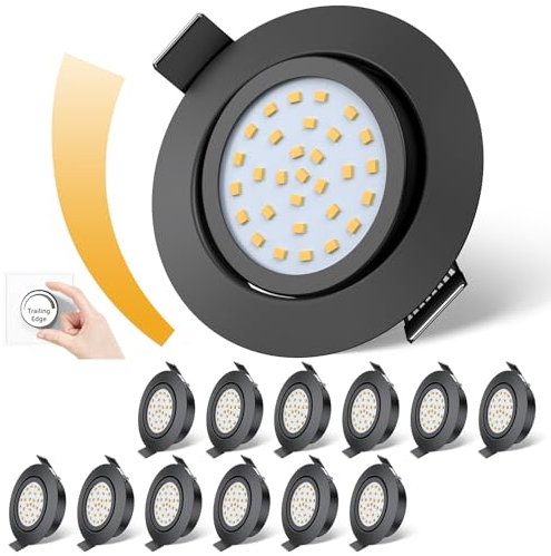 fosfor LED Einbaustrahler 230V Dimmbarer, 25mm Einbautiefe, 600LM, IP44 Spritzwassergeschützt, 5W Ersetzt 50W Halogenstrahler, 12er Set, für Küche, Badezimmer, Wohnzimmer (Warmweiß 2700K, Schwarz)
