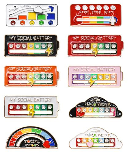 LALASTYLE 10PCS Social Battery-Powered Badge & Brooch Set with Mood Conversion, Adjustable Emotion Switch