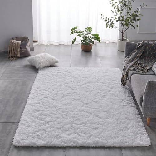 HOKXUAN Hochflor Wohnzimmer Teppich 100 x 120 cm Extra Weich, Pflegeleicht Hochflorige rutschfeste Kleine Teppiche Modernes Einfarbiges Design Fürs Wohnzimmer, Schlafzimmer, Weiß