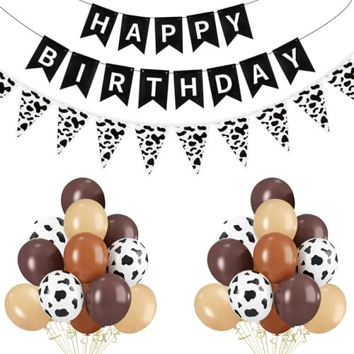 Yiran 22 Stück Kuh Geburtstag Deko für Mädchen und Junge Mit Happy Birthday Girlande, Wimpelkette und 12 Zoll Braun Latex Luftballons - Cowboys Cowgirls Party Dekoration