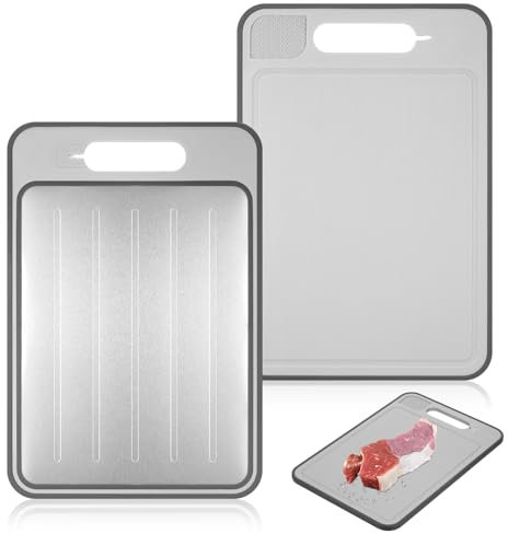 4 in 1 Miracle Melt Defrosting Board, Defrosting Tray Double Sided As Chopping Board with Grater, Sharpener, Fast Thawing of Frozen Food & Meat, 12.3x8.3 Inch, Grey