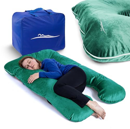 MKS Seitenschläferkissen mit Bezug | Komfortkissen (100 x 150 cm) | Schlafkissen | Seitenschläferkissen u Form | Ergonomisches Premium kühlendes Kuschelkissen (Mikroplüsch (Kuschelig) / Grün)