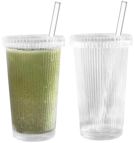 Ribbed Glass Cups 2Pcs 375ml Clear Glass Cups with Lids and Straws Multi-Purpose Vertical Striped Mug for Iced Coffee, Beverage, Milk, Cocktails