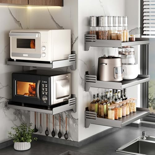 100Fentro Gris Estante Soporte Soporte Microondas Pared Cocina Multiusos Gris con 6 Ganchos para Colgar (Grande)