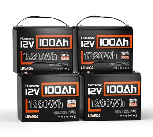 4 Packs HumsiENK 12V 100Ah LiFePO4 Lithium Leisure Battery 1280Wh capacity, BMS 100 with low-temperature protection,10-year service life, for Motorhomes,Campervan,Narrowboat,Solar