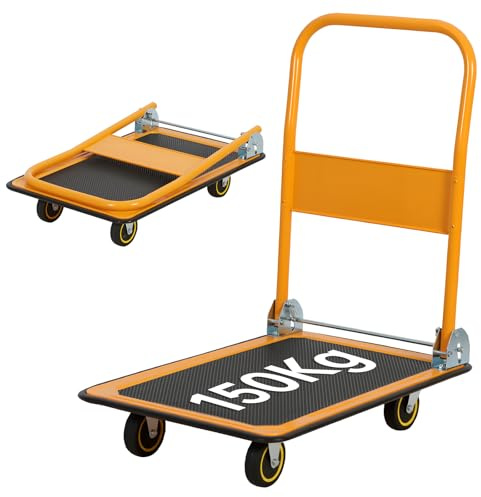 Panana Plattformwagen, Transportwagen Klappbar mit 150 kg Tragfähigkeit - Transportkarre Handwagen Klapptransportwagen mit Lenkrollen & Feststellbremse für Transport und Lagerung (Orange/Schwarz)