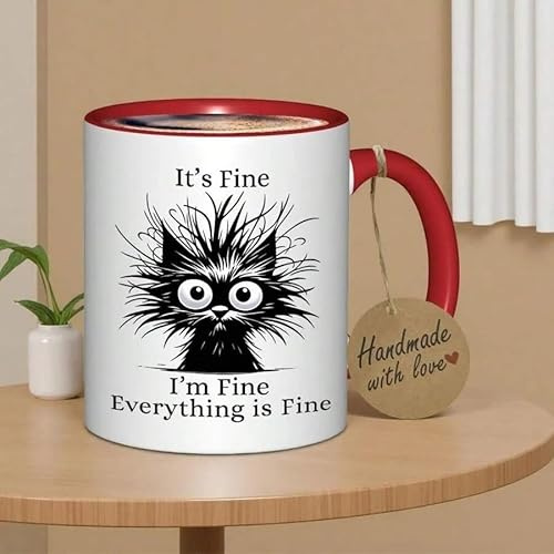 Funny Cat 11oz Ceramic Mug, 'It's Fine I'm Fine Everything is, Two-Tone Handle, 8.2x9.6cm