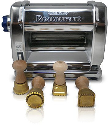 Imperia Bundle Macchina Pasta Elettrica - Professionale in Acciaio, Sfogliatrice Elettrica Robusta ed Affidabile e 2 Stampi Ravioli Tagliapasta in Ottone e Legno Naturale Made in Italy