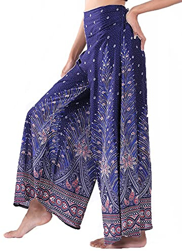 Lofbaz Femme Jambe Large Palazzo Pantalon Yoga Hippie Sarouel Fluide Pantalon - Peacock 1 Bleu foncé et Rouge - M