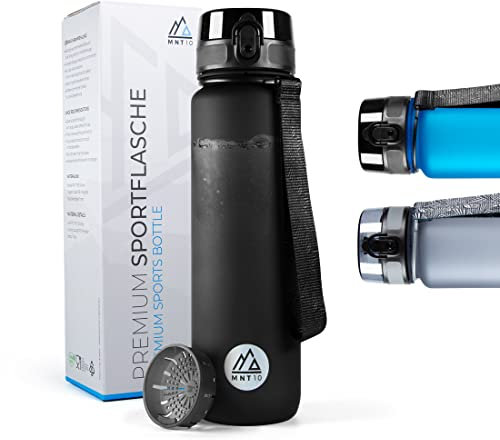 MNT10 Trinkflasche Sport I Auslaufsichere Sporttrinkflasche aus Tritan I Die perfekte Flasche für Sport, Fitness, Gym, Schule I BPA freie Wasserflasche für Kohlensäure geeignet I Schwarz, 1500ml