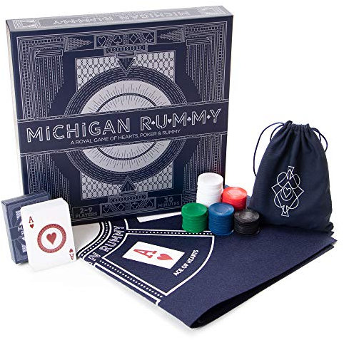 Michigan Rummy: A Royal Game of Hearts, Poker & Rummy - Betting & Bluffing Board Game - Classic Family Card Game for Adults & Kids - 200 Poker Chips, 60cm x 60cm Mat & Custom Card Deck