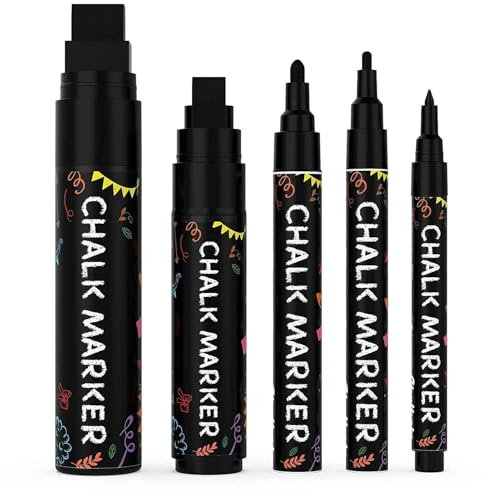Chalkola Kreidestifte - Schwarz- 5 Kreide Markers Multipack - 1mm, 3mm, 6mm, 10mm, 15mm Spitze. Kreidestifte für Fenster, Tafel, Glas und mehr. Ideal für Erwachsene, Künstler, Lehrer und Kinder.