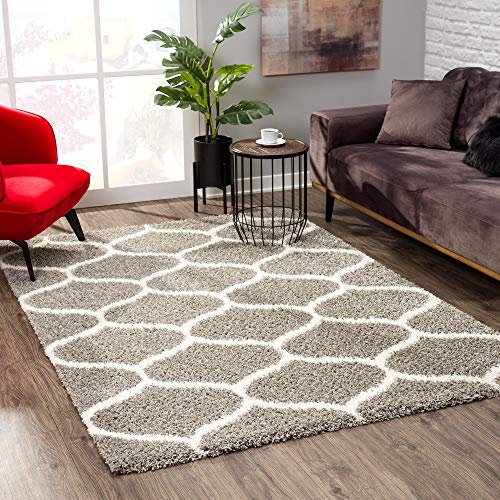 SANAT Madrid Shaggy Teppich - Hochflor Teppiche für Wohnzimmer, Schlafzimmer, Küche - Morocco Grau, Größe: 80x150 cm