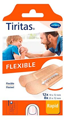 Tiritas Flexible Rapid: Apósitos ideales para zonas con movilidad; Resistentes, transpirables y flexibles; El packaging permite su fácil y rápida extracción; 2 tamaños; 20 unidades.