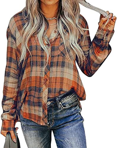 ORANDESIGNE Chemisier Carreaux Femme Blouses à Manches Longues Chemise Décontractée Classique Retro Blouse Shirt Casual Vintage Col Boutonné Chemisier Tops Orange XXL