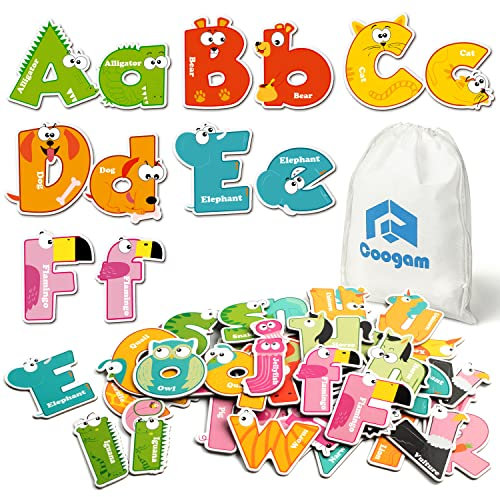 Coogam Jumbo Magnetische Buchstaben Set 52Pcs ABC Alphabet Bunte Tier Großbuchstaben Kleinbuchstaben Kühlschrankmagnete Vorschulpädagogik Spielzeug Rechtschreibung Lernen für 3 4 5 jährige Kinder