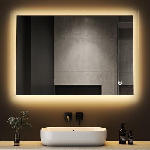 Boromal Badspiegel mit Beleuchtung 80x60cm Badezimmerspiegel Kosmetikspiegel Schminkspiegel Wandspiegel mit Touchschalter, 3 Lichtfarben Dimmbar