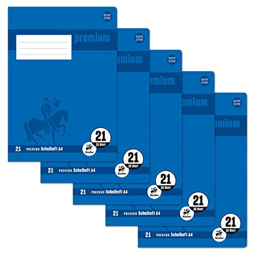 Staufen Premium Schulheft - DIN A4, Lineatur 21 (9mm liniert), 32 Blatt, 90g/m² Premium Papier, 5 Stück