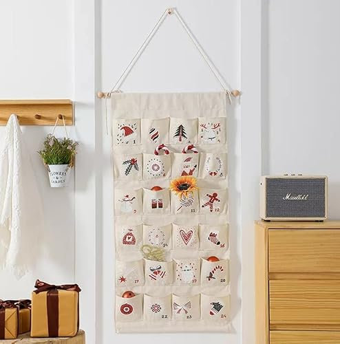 Adventskalender zum Befüllen, hochwertiger Leinen Stoff, 24 Fächer, zum Aufhängen, mit Holzstange, 108 x 51 cm