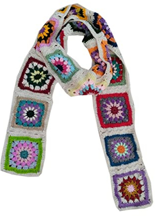 ALLHANDMADE Women Granny Square Warp Cable 100% Handmade Knit Mixed Color Long Scarf (1)
