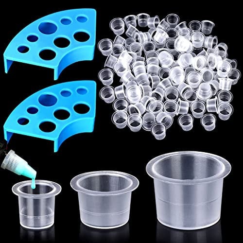 300 Stück Tattoo Farbkappen Cups mit 2 Cups Halterungen, 100 kleine 100 Mittlere 100 Große Tattoo Tintenbecher für Tattoo Tinte Container Cap Einweg Tattoo Zubehör