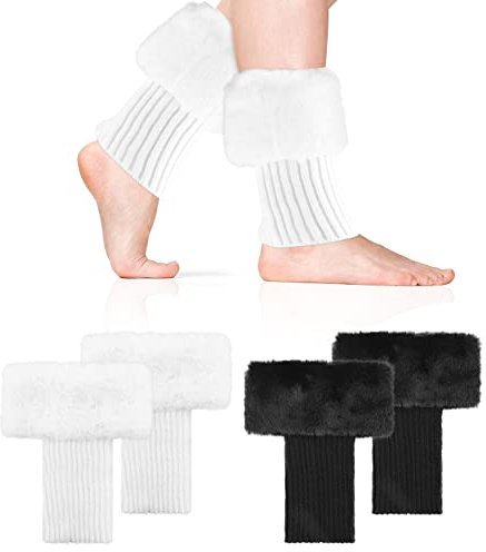 QUACOWW 2 Paar Damen Beinstulpen, Fellbesatz Beinstulpen, Stiefel Überzug, Warme Winter Kurze Beinstulpen, Gestrickte Beinstulpen, Knöchel Warme Socken Mädchen Stiefel Abdeckung für Winterwärmer