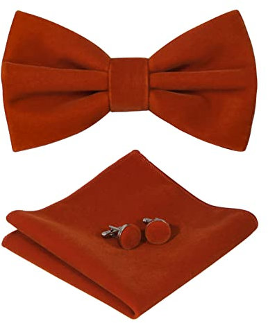 HOULIFE Fliege Herren Set - Verstellbare Fliege aus Samt Vorgebunden Fliege, einfarbige Einstecktuch, Manschettenknöpfe Set für Bräutigam Hochzeit formal mit Geschenkbox - ziegelrot