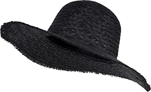 styleBREAKER Damen Strohhut Papierstroh mit luftigem Flechtmuster, breite ausgefranste Krempe, Sonnenhut, Schlapphut 04025033, Farbe:Schwarz