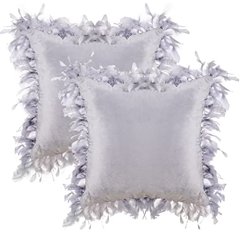 Lifup 2er Set Zierkissenbezüge Samt Federbesatz Dekorativ Kissenbezug für Sofa Wohnzimmer Schlafzimmer Büro Auto Silber Grau 45 x 45 cm