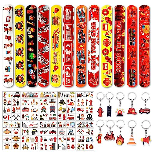Hpbaggy Feuerwehrmann Party Mitgebsel,Feuerwehr Deko Kindergeburtstag,10 Schlüsselanhänger,12 Schnapparmband,10 Temporäre Tattoos Feuerwehr Spielzeug,Feuerwehr Spielzeug für Jungen