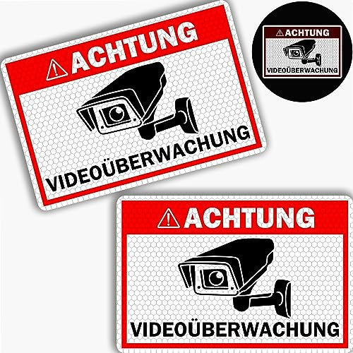 2er Set REFLEKTIEREND Achtung Videoüberwachung Schild (20x15 cm), PVC Hartschaumplatte 3mm, Hinweisschild für Kameraüberwachung, Warnschild, Schild Videoüberwachung, Video Überwachungsschild